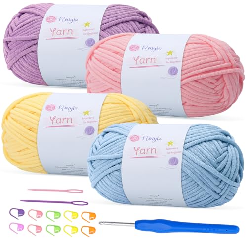 Renyiz 4er-Pack 100 g grobes Baumwoll-Häkelgarn mit 4 mm Haken, weiches, nicht geteiltes dickes Garn für Amigurumi-Geschenke, Heimdekoration, Anfängerprojekte (lila + rosa + gelb + hellblau) von Renyiz