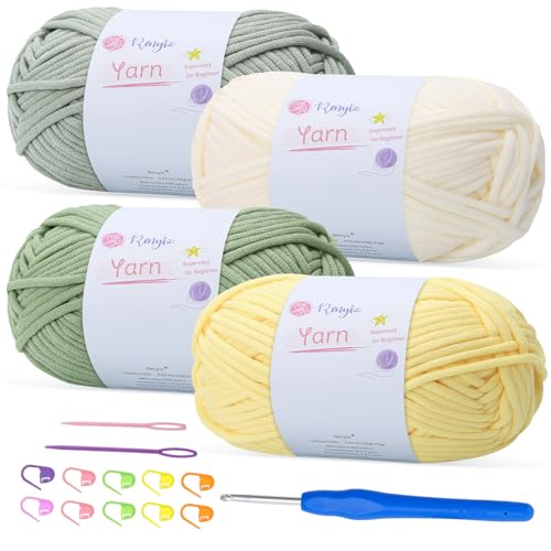 Renyiz Häkelgarn aus grobem Baumwolle, mit 4 mm Haken, weich, nicht geteilt, dickes Garn für Amigurumi-Geschenke, Heimdekoration, Anfängerprojekte, 4 Stück (Mint+Avocado+Offwhite+Gelb) von Renyiz