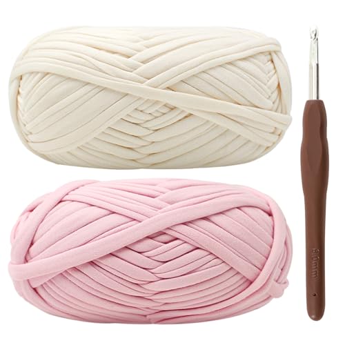 T-Shirt Garn, Bändchengarn zum Häkeln und Stricken Textilgarn 2 x 100g Dickes Polyester-Garn mit einer 6-mm-Häkelnadel für Häkeltaschen, Körbe, Teppiche, Heimdekoration und DIY-Kunsthandwerk (Rosa) von Renyiz