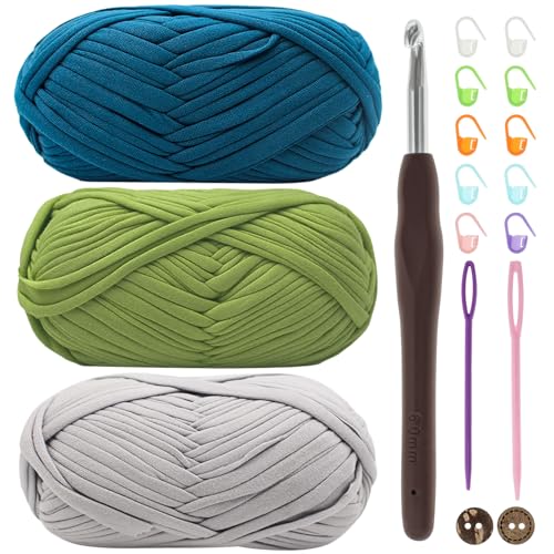 T-Shirt Garn, Bändchengarn zum Häkeln und Stricken Textilgarn 3 x 100g Dickes Polyester-Garn mit einer 6mm-Häkelnadel für Häkeltaschen, Körbe, Teppiche, Heimdekoration und DIY-Kunsthandwerk von Renyiz