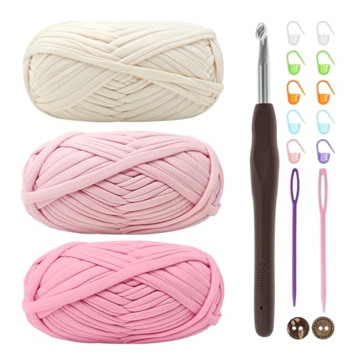 T-Shirt Garn, Bändchengarn zum Häkeln und Stricken Textilgarn 3 x 100g Dickes Polyester-Garn mit einer 6mm-Häkelnadel für Häkeltaschen, Körbe, Teppiche, Heimdekoration und DIY-Kunsthandwerk von Renyiz
