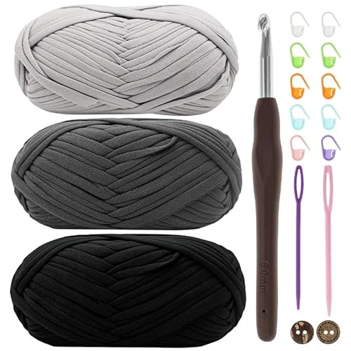 T-Shirt Garn, Bändchengarn zum Häkeln und Stricken Textilgarn 3 x 100g Dickes Polyester-Garn mit einer 6mm-Häkelnadel für Häkeltaschen, Körbe, Teppiche, Heimdekoration und DIY-Kunsthandwerk von Renyiz