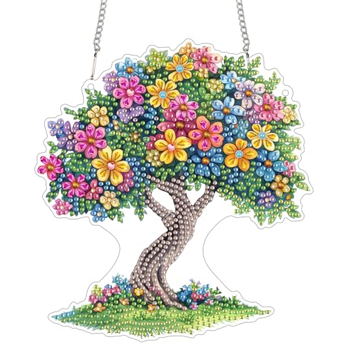 Reofrey Diamond Painting Doppelseitig Anhänger Acrylbrett mit Kette - 20x20cm Blumen Baum Diamant Painting Fensterbilder Deko Set DIY Kristall Malerei Anhänger für Wand Fenster & Garten Schmücken von Reofrey