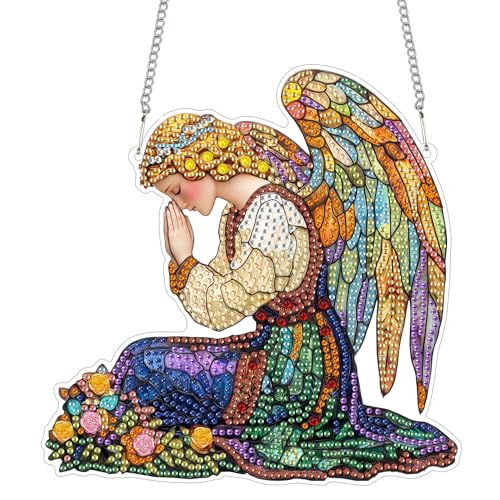 Reofrey Diamond Painting Doppelseitig Anhänger Acrylbrett mit Kette - 20x20cm Engel Diamant Painting Fensterbilder Deko Set DIY Kristall Malerei Anhänger für Wand Fenster & Garten Schmücken von Reofrey