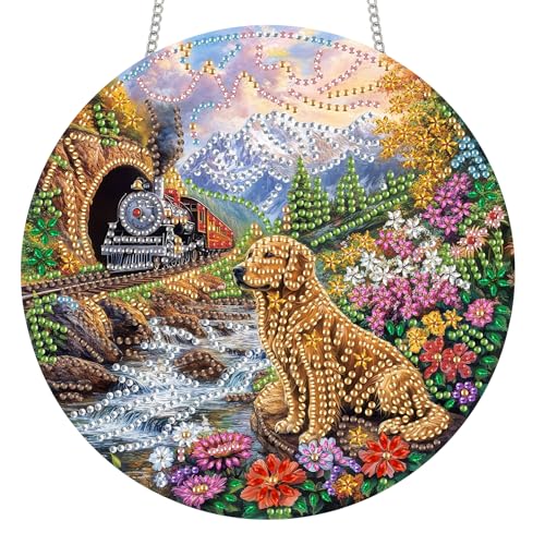 Reofrey Diamond Painting Doppelseitig Anhänger Acrylbrett mit Kette - 20x20cm Hunde Diamant Painting Fensterbilder Deko Set DIY Kristall Malerei Anhänger für Wand Fenster & Garten Schmücken von Reofrey
