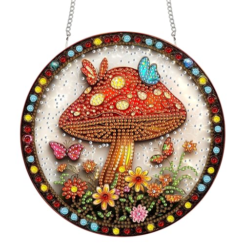 Reofrey Diamond Painting Doppelseitig Anhänger Acrylbrett mit Kette - 20x20cm Pilz Diamant Painting Fensterbilder Deko Set DIY Kristall Malerei Anhänger für Wand Fenster & Garten Schmücken von Reofrey