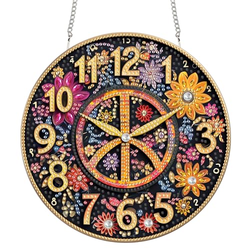 Reofrey Diamond Painting Doppelseitig Anhänger Acrylbrett mit Kette - 20x20cm Uhr Diamant Painting Fensterbilder Deko Set DIY Kristall Malerei Anhänger für Wand Fenster & Garten Schmücken von Reofrey