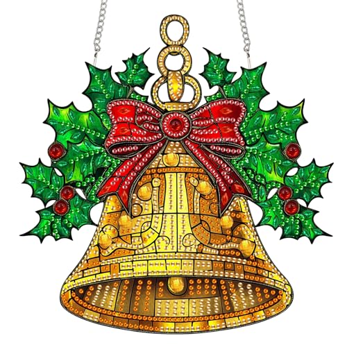 Reofrey Diamond Painting Doppelseitig Anhänger Acrylbrett mit Kette - 20x20cm Weihnachten Glocken Diamant Painting Fensterbilder Deko Set Kristall Malerei Anhänger für Wand Fenster & Garten Schmücken von Reofrey