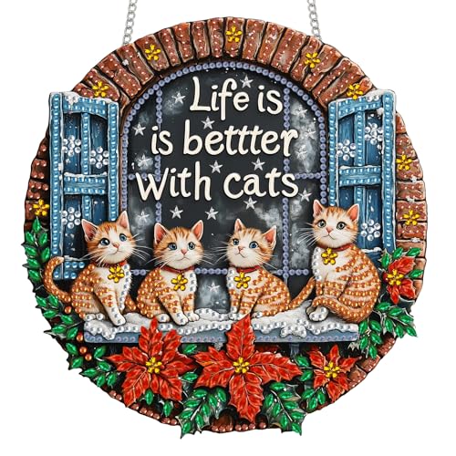 Reofrey Diamond Painting Doppelseitig Anhänger Acrylbrett mit Kette - 20x20cm Weihnachten katzen Diamant Painting Fensterbilder Deko Set Kristall Malerei Anhänger für Wand Fenster&Garten Schmücken von Reofrey