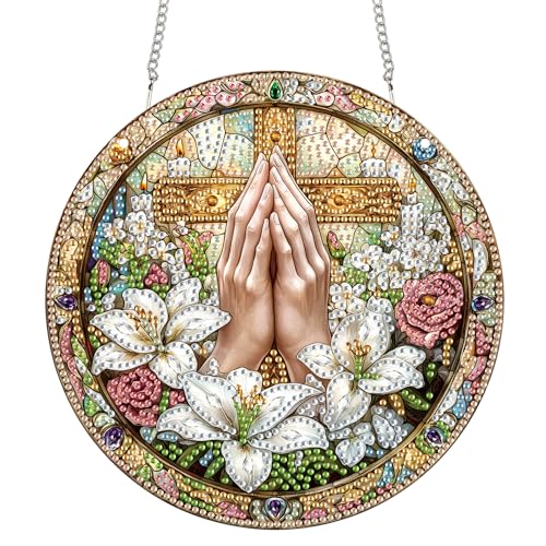 Reofrey Diamond Painting Doppelseitig Anhänger Acrylbrett mit Kette - 20x20cm kreuzen Diamant Painting Fensterbilder Deko Set DIY Kristall Malerei Anhänger für Wand Fenster & Garten Schmücken von Reofrey