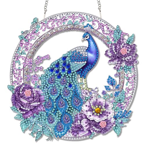 Reofrey Diamond Painting Doppelseitig Anhänger Acrylbrett mit KettePfau Tier - 20x20cm Diamant Painting Fensterbilder Deko Set DIY Kristall Malerei Anhänger für Wand Fenster & Garten Schmücken von Reofrey