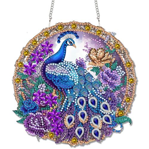 Reofrey Diamond Painting Doppelseitig Anhänger Acrylbrett mit KettePfau Tier - 20x20cm Diamant Painting Fensterbilder Deko Set DIY Kristall Malerei Anhänger für Wand Fenster & Garten Schmücken von Reofrey