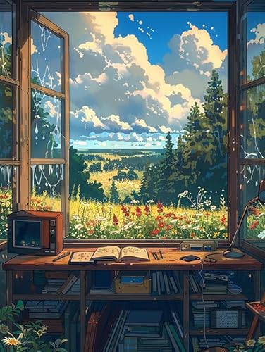 Reofrey Fenster Malen nach Zahlen Erwachsene - Landschaft DIY Handbemaltes Ölgemälde Kits, Leinwand 40x50cm, mit Pinsel und Acrylfarbe (Ohne Rahmen) - Malen nach Zahlen kinder für Anfänger & Senior von Reofrey