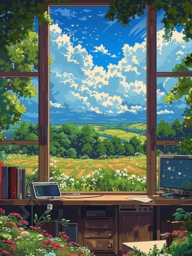 Reofrey Fenster Malen nach Zahlen Erwachsene - Landschaft DIY Handbemaltes Ölgemälde Kits, Leinwand 40x50cm, mit Pinsel und Acrylfarbe (Ohne Rahmen) - Malen nach Zahlen kinder für Anfänger & Senior von Reofrey