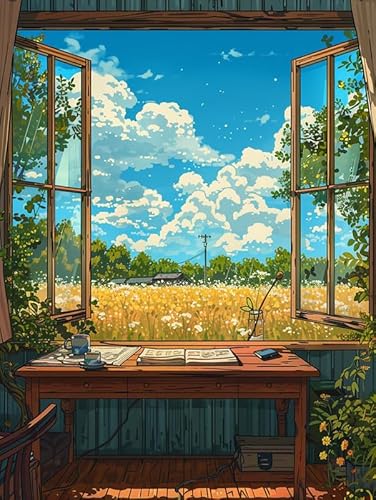 Reofrey Fenster Malen nach Zahlen Erwachsene - Landschaft DIY Handbemaltes Ölgemälde Kits, Leinwand 40x50cm, mit Pinsel und Acrylfarbe (Ohne Rahmen) - Malen nach Zahlen kinder für Anfänger & Senior von Reofrey