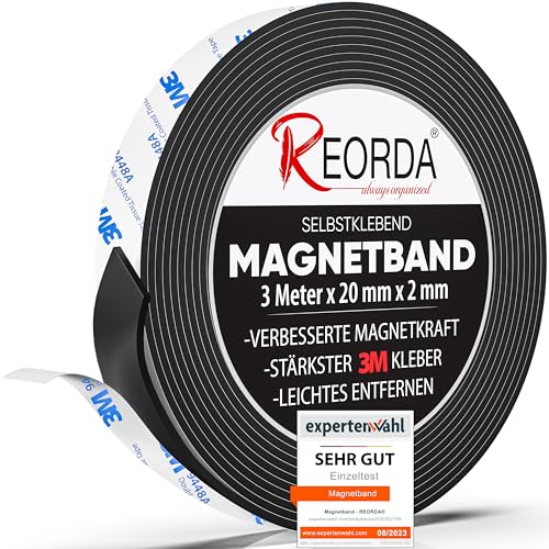 Reorda® Magnetband selbstklebend stark - Magnetstreifen selbstklebend mit starkem 3M Kleber - Magnetklebeband mit optimierter Magnetkraft - Magnet Klebeband von Reorda