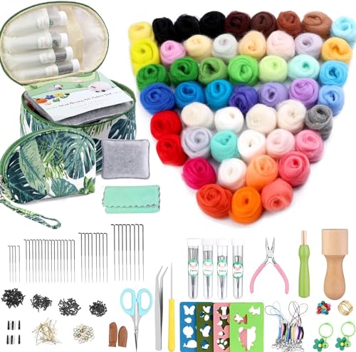 50 Farben Nadelfilz Set, 304 Stück Nadelfilz Werkzeuge, Starter Set mit 50 Farben Filzwolle, Grundlegende Filzwerkzeuge und Zubehör für Anfänger, DIY Filz Tier Handwerk, Heimdekoration von Reovin