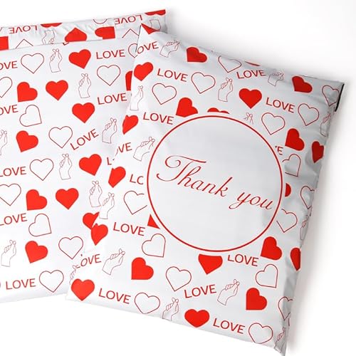 Poly-Versandtaschen, Versandtaschen, Geschenke, Versandverpackung, Design-Muster, Designer-Umschlag für Paketpost (50, Rot Love Thank You) von Repackbiz