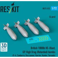 British 1000lb HE-Blast, GP, High Drag (Retarded) bombs (4 pcs) (F-4, Canberra, Buccaneer, Harrier, Hunter, Tornado) (3D printed) von ResKit Models