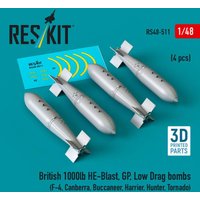 British 1000lb HE-Blast, GP, Low Drag bombs (4 pcs) (F-4, Canberra, Buccaneer, Harrier, Hunter, Tornado) (3D printed) von ResKit Models