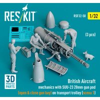 British Aircraft mechanics with SUU-23 20mm gun pod (open & close gun bay) on on transport trolley (scene 1) (3 pcs) (3D Printed) von ResKit Models