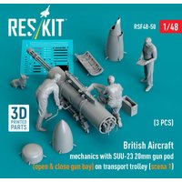 British Aircraft mechanics with SUU-23 20mm gun pod (open & close gun bay) on on transport trolley (scene 1) (3 pcs) (3D Printed) von ResKit Models