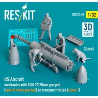 US Aircraft mechanics with SUU-23 20mm gun pod (open & close gun bay) on transport trolley (scene 1) (3 pcs) (3D Printed) von ResKit Models