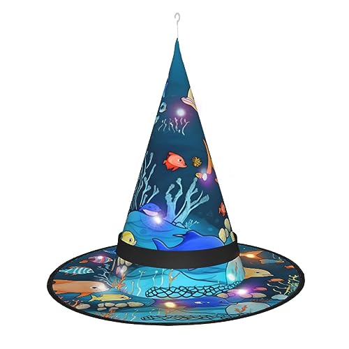 ResKiu Blauer Hexenhut für Damen, Motiv: Fischwelt, stilvoll, bedruckt, Halloween-Hexenhut mit LED-Lichtern, perfektes Kostümzubehör und Party-Dekoration von ResKiu