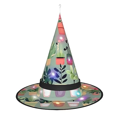 ResKiu Bonsai-Pflanze, stilvoll, bedruckt, Halloween-Hexenhut mit LED-Lichtern, perfektes Kostümzubehör und Party-Dekoration von ResKiu