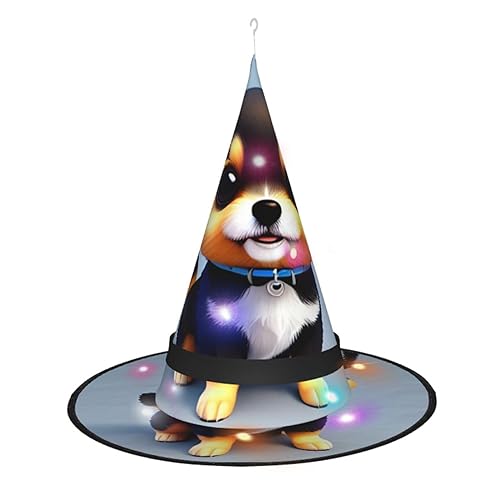 ResKiu Card Love Fancy Puppy Stilvoll bedruckter Halloween-Hexenhut mit LED-Lichtern – perfektes Kostümzubehör und Party-Dekoration von ResKiu
