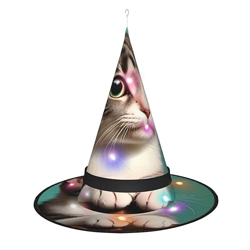 ResKiu Ein neugieriger Katzenhut mit stylischer bedruckter Halloween-Hexenhut mit LED-Lichtern – perfektes Kostümzubehör und Party-Dekoration von ResKiu