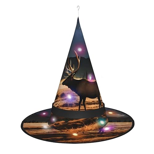 ResKiu Elch In The Meadow Stilvoller bedruckter Halloween-Hexenhut mit LED-Lichtern – perfektes Kostümzubehör und Party-Dekoration von ResKiu