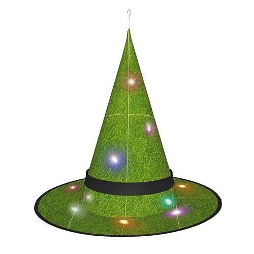 ResKiu Grünes Grasland stylisch bedruckter Halloween-Hexenhut mit LED-Lichtern – perfektes Kostümzubehör und Party-Dekoration von ResKiu