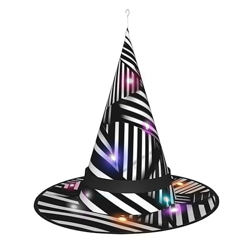 ResKiu Hexenhut für Damen, geometrische Linien, Schwarz und Weiß, bedruckt, Halloween-Hexenhut mit LED-Lichtern, perfektes Kostümzubehör und Party-Dekoration von ResKiu