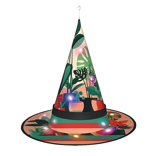 ResKiu Hexenhut für den Innenbereich mit grünen Pflanzen, stilvoll, bedruckt, Halloween-Hexenhut mit LED-Lichtern, perfektes Kostümzubehör und Party-Dekoration von ResKiu