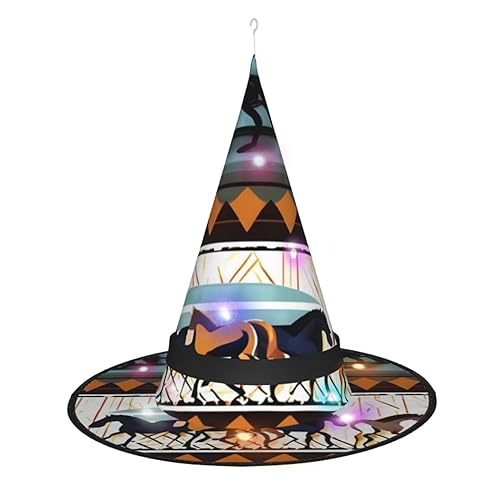 ResKiu Hexenhut mit Pferdestreifen, stylisch bedruckt, Halloween-Hexenhut mit LED-Lichtern, perfektes Kostümzubehör und Party-Dekoration von ResKiu