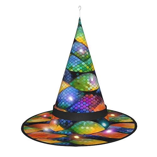ResKiu Hexenhut mit Regenbogen-Fischschuppe, stilvoll, bedruckt, Halloween-Hexenhut mit LED-Lichtern, perfektes Kostümzubehör und Party-Dekoration von ResKiu