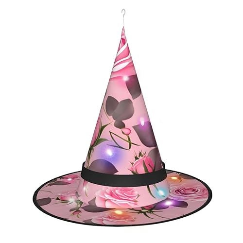ResKiu Hübscher Hexenhut mit rosa Rosen, bedruckt, Halloween-Hut mit LED-Lichtern, perfektes Kostümzubehör und Party-Dekoration von ResKiu