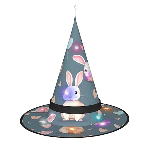 ResKiu Niedlicher Cartoon-Hasenhut mit LED-Lichtern, stylisch bedruckt, Halloween-Hexenhut für Damen, perfektes Kostümzubehör und Party-Dekoration von ResKiu