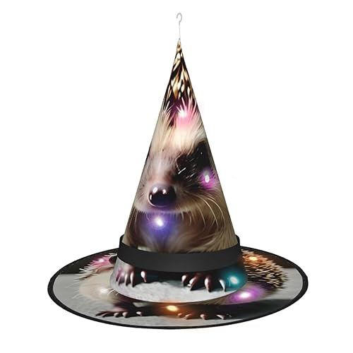 ResKiu Niedlicher Hexenhut mit Igeln, stylisch bedruckt, Halloween-Hexenhut mit LED-Lichtern, perfektes Kostümzubehör und Party-Dekoration von ResKiu