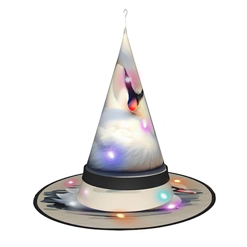 ResKiu Niedlicher kleiner Schwan, stilvoll, bedruckt, Halloween-Hexenhut mit LED-Lichtern, perfektes Kostümzubehör und Party-Dekoration von ResKiu