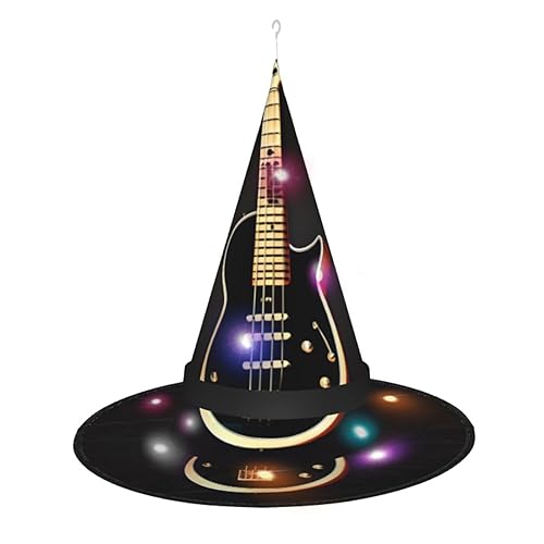 ResKiu Schwarzer Gitarrenhut mit LED-Leuchten, stylisch bedruckt, Halloween-Hexenhut für Damen, perfektes Kostümzubehör und Party-Dekoration von ResKiu