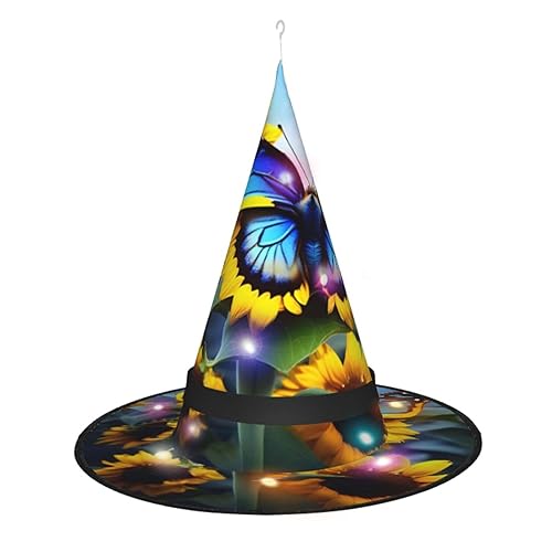 ResKiu Sonnenblumen-blauer Schmetterling, stilvoll, bedruckt, Halloween-Hexenhut mit LED-Lichtern – perfektes Kostümzubehör und Party-Dekoration von ResKiu