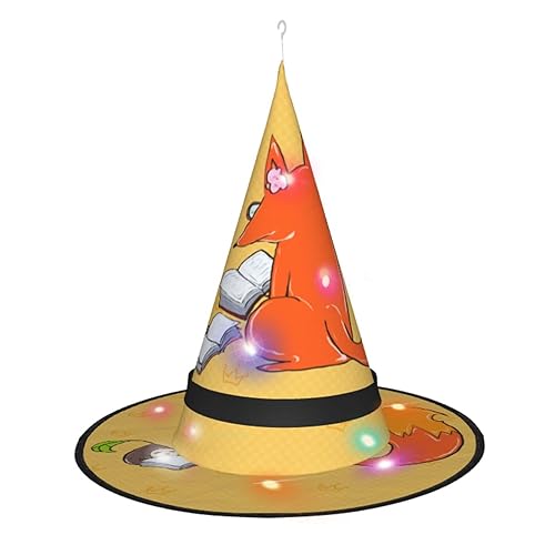 ResKiu Sonnenblumenkerne und Füchse Stilvoll bedruckter Halloween-Hexenhut mit LED-Lichtern – perfektes Kostümzubehör und Party-Dekoration von ResKiu