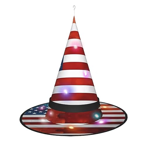 ResKiu Vintage Amerikanische USA-Flagge Stilvoll gedruckt Halloween Frauen Hexenhut mit LED-Lichtern – perfektes Kostümzubehör und Party-Dekoration von ResKiu