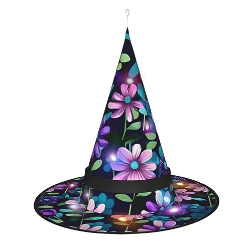 ResKiu Violette Kamelie, stilvoll, bedruckt, Halloween-Hexenhut mit LED-Lichtern, perfektes Kostümzubehör und Party-Dekoration von ResKiu