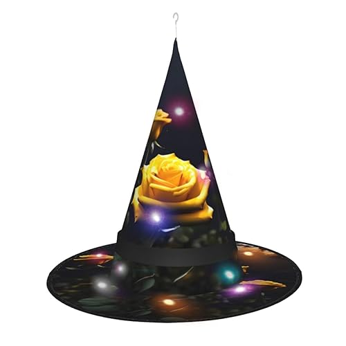 ResKiu Wunderschöner Hexenhut mit gelben Rosen, stilvoll, bedruckt, Halloween-Hexenhut mit LED-Lichtern, perfektes Kostümzubehör und Party-Dekoration von ResKiu