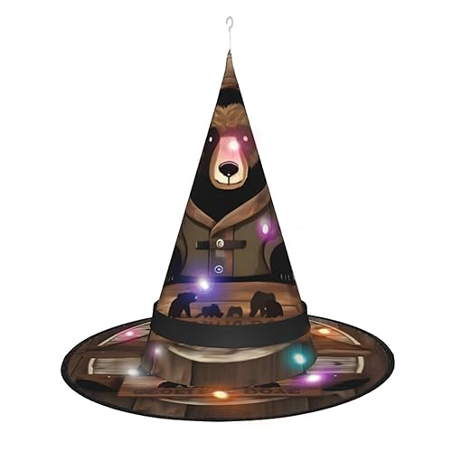 Rustikaler Hütten-Bär mit modischem Druck, Halloween-Hexenhut mit LED-Lichtern, perfektes Kostümzubehör und Party-Dekoration von ResKiu