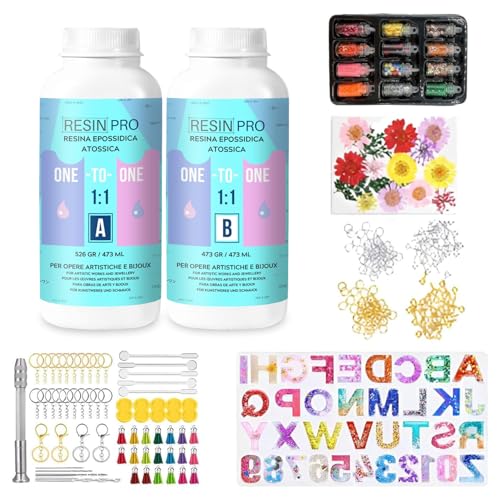 Resin Pro ® Epoxidharz, transparent, 1:1, Starter-Set, 500 g Harz + 100 nützliche Zubehörteile, für Schmuckherstellung, künstlerische Kreationen, einfach zu bedienen, Harz geeignet für Anfänger von Resin Pro