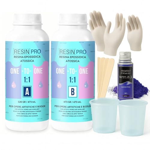 Resin Pro ® Transparentes Epoxidharz-Kit für die Schmuckherstellung künstlerische Kreationen, 500g Epoxidharz-Kit mit Handschuhen, Stäbchen, Mischbecher, Pipetten, Pailletten Kundendienst auf Deutsch von Resin Pro